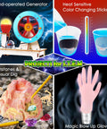 Collage of STEM science kit activities including generator, color-changing sticker, gemstone dig, and blow-up glove toy.