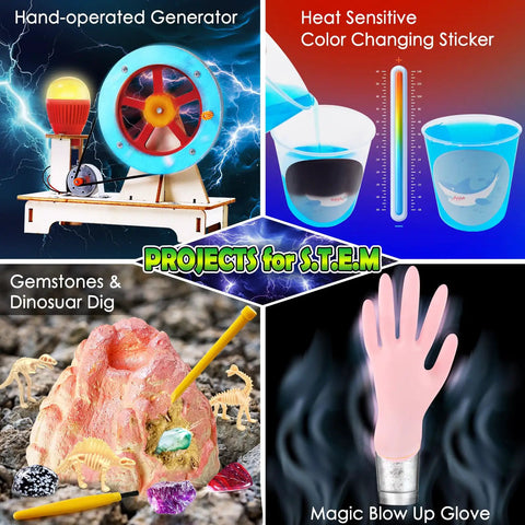 Collage of STEM science kit activities including generator, color-changing sticker, gemstone dig, and blow-up glove toy.