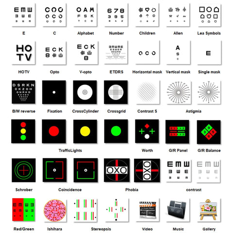 Visual Acuity Eye Chart For Optometry Snellen And Tumbling E With Randomize And Mirror Modes Plug And Play On Any TV Or Monitor No PC Required Auto Calibration HDMI Ready 4K Compatible RF Remote Included is displayed with multiple chart options for various visual tests.