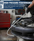 High Pressure Air Blow Gun With 39 Inch Flexible Extension Hose And Adjustable Rotating Nozzle in use clearing dust from a car engine.