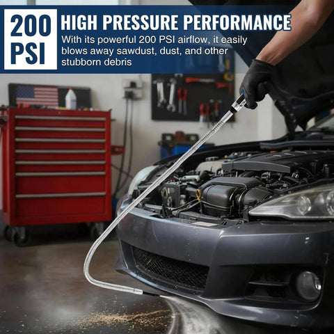 High Pressure Air Blow Gun With 39 Inch Flexible Extension Hose And Adjustable Rotating Nozzle in use clearing dust from a car engine.