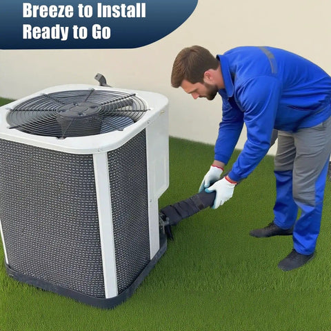 Man installing Weatherproof Outdoor Pipe Insulation Cover For 72in By 10.2in HVAC Line Set Protector next to air conditioning unit