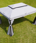 10x13 Ft Gazebo Replacement Polyester Canopy Top With Double Tier Mesh Netting Water Resistant UV Protected Gray Outdoor Shelter Sun Shade Ideal Fit For Most 10x13 Gazebos With Eight Drainage Holes, shown installed on a lawn
