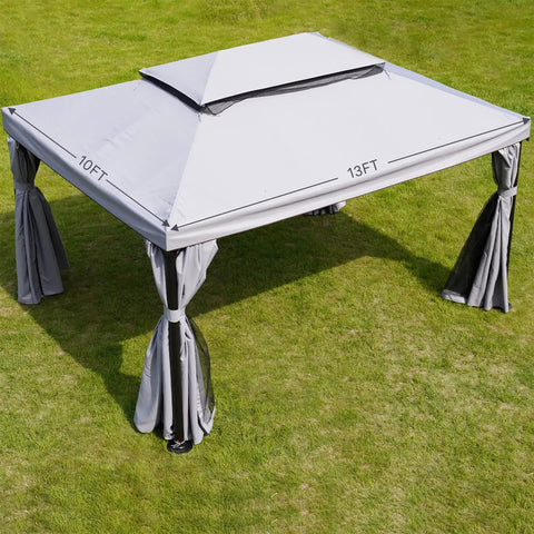 10x13 Ft Gazebo Replacement Polyester Canopy Top With Double Tier Mesh Netting Water Resistant UV Protected Gray Outdoor Shelter Sun Shade Ideal Fit For Most 10x13 Gazebos With Eight Drainage Holes, shown installed on a lawn