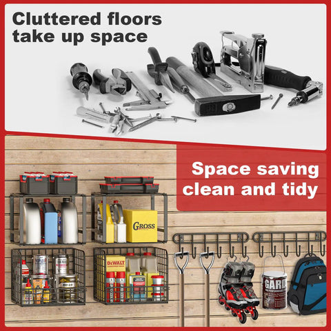 Heavy Duty Garage Shelving Set With Wire Baskets Wall Mounted Shelves For Shed Garden Laundry Room Kitchen Organization And Storage Two Pack Durable Metal Racks Built To Last showing tools and organized storage