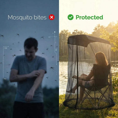 Left: person swatting mosquitoes; Right: person sitting in Mosquito Net For Canopy Chair And Patio Swing With Zipper Door.