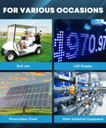 Images showing the use of a 12V To 24V DC Boost Converter 10A 240W Waterproof Voltage Regulator Module for golf carts, LED displays, photovoltaic panels, and industrial equipment.