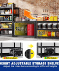 Beefy 5 Tier Garage Shelving Unit with tool free adjustable metal shelves in black, showing height adjustment feature for garage