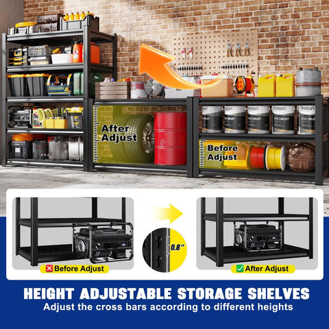 Beefy 5 Tier Garage Shelving Unit with tool free adjustable metal shelves in black, showing height adjustment feature for garage