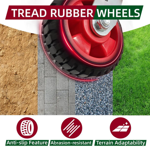 Close-up of wheel on various surfaces, illustrating Heavy Duty Gate Wheel Caster For Metal And Wood Gates, 8 Inch Wheel, 360 Degree Swivel.