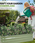 Woman watering plants in 4-In-1 Adjustable Raised Garden Bed Kit With Galvanized Planter Boxes For Vegetables And Flowers, 12-Inch Tall