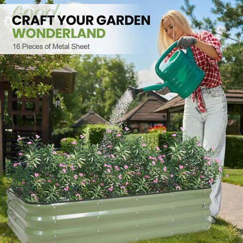 Woman watering plants in 4-In-1 Adjustable Raised Garden Bed Kit With Galvanized Planter Boxes For Vegetables And Flowers, 12-Inch Tall