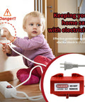 Child near secured outlet with Two Electrical Plug Lock Boxes With Padlocks For Cords, safety warning, preventing electric shock.