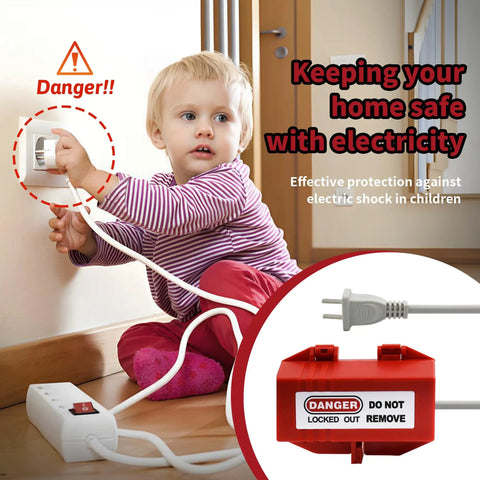 Child near secured outlet with Two Electrical Plug Lock Boxes With Padlocks For Cords, safety warning, preventing electric shock.