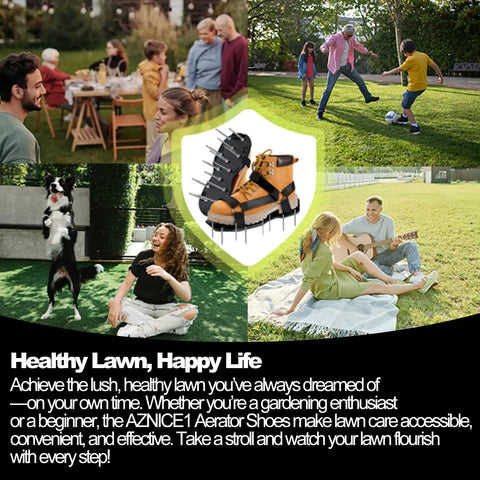 Collage of people enjoying lawns with Lawn Aerator Shoes Upgrade 2.4-Inch Heavy Duty Spike Aeration Shoes in center