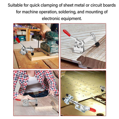 40kg Quick Release Toggle Clamp With Left Right Operation for woodworking, shown clamping wood and circuit boards in workshop settings.