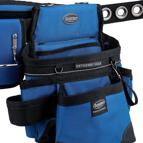 Close-up of royal blue three bag tool bag set with suspenders in heavy duty 1680D poly, showing reinforced barrel bottom pouches.