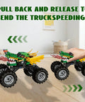 Monster Dragon Truck Building Kit For Kids Green, pull-back toy truck with dragon details on a floor