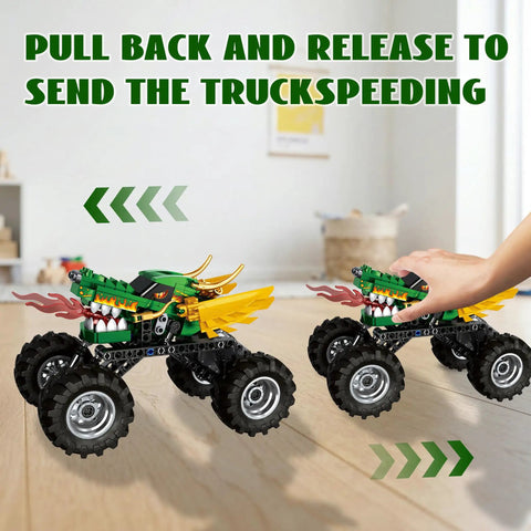 Monster Dragon Truck Building Kit For Kids Green, pull-back toy truck with dragon details on a floor