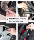 UNCO pencil tire gauge, silver metal, 2-pack, 10–75 PSI, used to measure tire pressure on car and motorcycle tires.