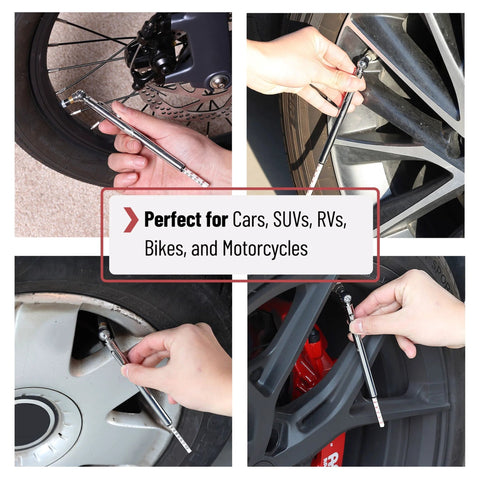 UNCO pencil tire gauge, silver metal, 2-pack, 10–75 PSI, used to measure tire pressure on car and motorcycle tires.