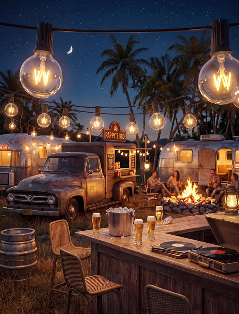 Outdoor BBQ scene with 50 Foot G40 Globe Outdoor String Lights With 53 Bulbs And 3 Spares Waterproof For Patio use