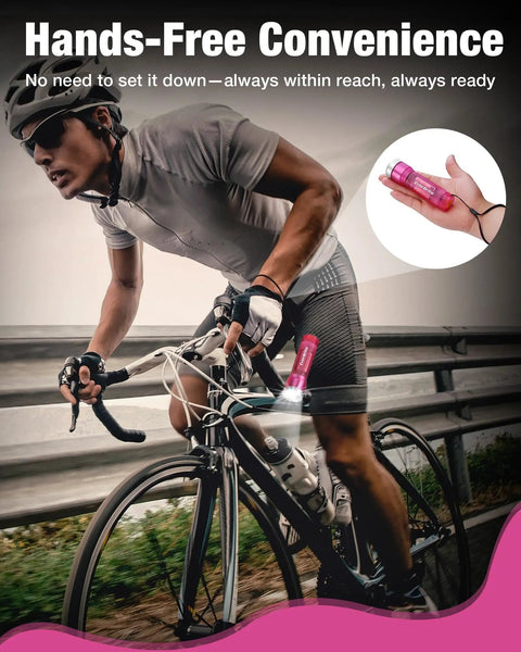 Cyclist using pink mini LED flashlight with 3 modes high low strobe includes 3 AAA batteries water resistant pocket size