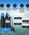 One Third HP Submersible Water Pump 2400 GPH Portable Thermoplastic Sump Pump with specs and features highlighted