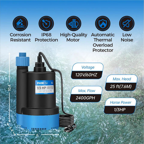 One Third HP Submersible Water Pump 2400 GPH Portable Thermoplastic Sump Pump with specs and features highlighted