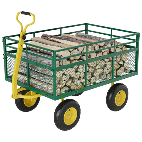 3 In 1 Heavy Duty Steel Garden Wagon Cart With 1400 Lbs Capacity Removable Mesh Sides filled with firewood