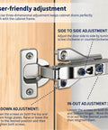 Soft Close Cabinet Hinges 20 Pack For 1/2 Inch Overlay Cabinets, highlighting adjustment mechanism and instructions.