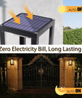 Go-To Solar Outdoor Wall Lights With Motion Sensor illuminating a gate, showcasing solar panel on top and automatic on/off feature.