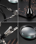 Close-up of All-in-One Soldering Stand with four handy helping hands and 5X magnifier, flexible gooseneck arms holding a circuit board.