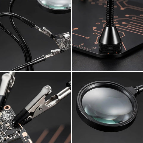 Close-up of All-in-One Soldering Stand with four handy helping hands and 5X magnifier, flexible gooseneck arms holding a circuit board.
