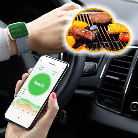 ProTemp 2 Plus Wireless Meat Thermometer With Temperature Controller showing live data on watch and smartphone via Bluetooth and WiFi.