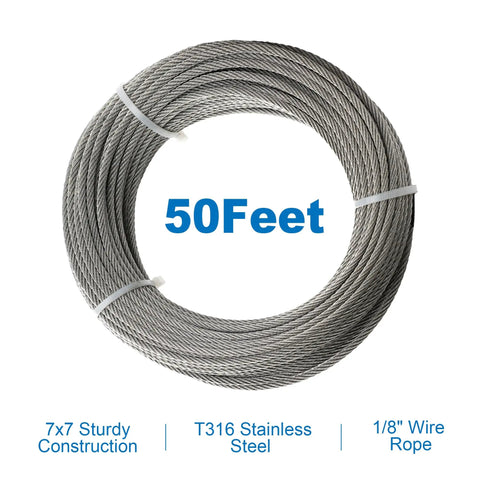 50 Feet 1 By 8 Inch T316 Stainless Steel Cable Wire Rope For Deck Railing Indoor Outdoor Balustrade DIY 7x7 Strand