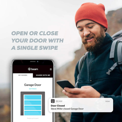 Smart Garage Door Opener Controller With WiFi Upgrade Turns Your Standard Opener Into Voice Command Ready Smart Home Hub With Alexa Google Assistant IFTTT Remote Access No Annual Subscription Required displayed with app and user outdoors with phone