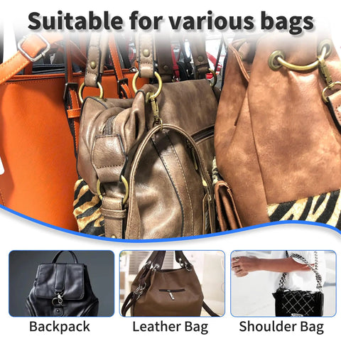 Various leather bags and purses hung on display showcasing suitability for backpacks, leather bags, and shoulder bags.