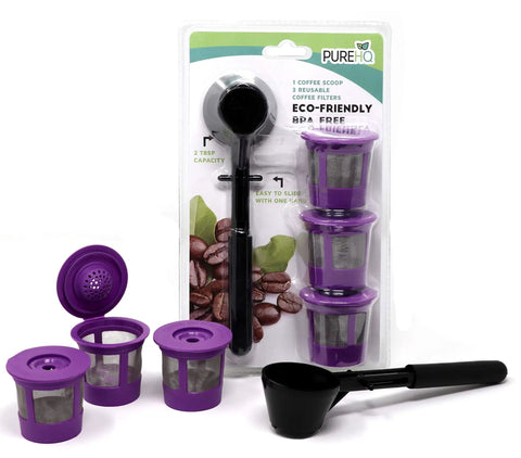 Reusable K Cup Filter Pod Kit For 1.0 And 2.0 Single Serve Coffee Makers with scoop and 3 purple mesh filters, packaging view