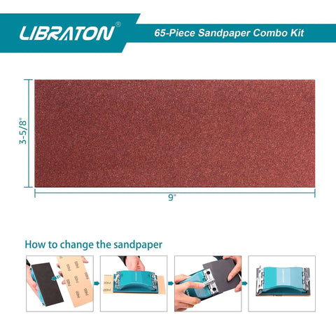 65 Piece Sandpaper Kit For Wood And Metal Finishing With Sanding Block And Sponges, 9 inch sandpaper sheet
