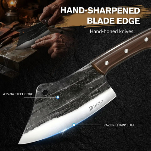 Hand-honed cleaver from All-In-One 14-Piece Butcher Knife Set With Roll Bag For Home Kitchen, Camping And BBQ.