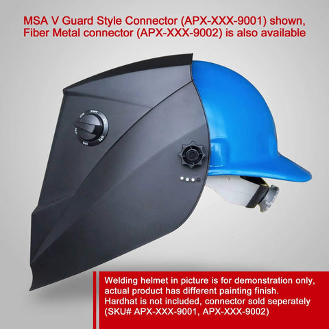 True Color Auto Darkening Welding Helmet With Wide Shade Range 4/5-13, shown with a blue hardhat for demonstration