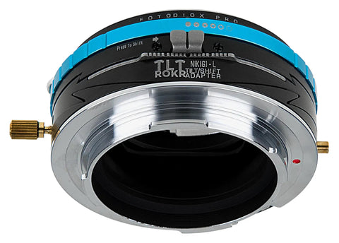 Tilt Shift Lens Mount Adapter From Nikon F To L Mount Mirrorless Cameras With 10 Degree Off Axis Tilt 20mm Shift 360 Degree Rotation All Metal Construction For Precise Rock Solid Performance With Vintage Lenses, silver and black adapter with shift knob