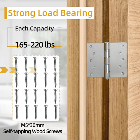 Heavy Duty Stainless Steel Ball Bearing Door Hinges Rock Solid 5 Inch Square Corner Design installed on wood, supports 165-220 lbs.