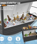 80 Quart Rolling Ice Chest With Built In Top Prep Table And Four Wheels Party Patio Cooler Cart with bottles inside