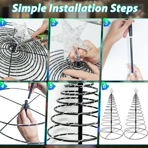 Installation steps for 8 Foot Lit RGB LED Christmas Cone Tree with app control and timer, showing assembly process.