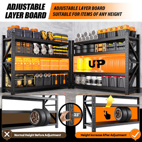 Hella Sturdy Heavy Duty Metal Storage Shelves With Rock Solid Frame And No Sweat Setup Four Tier Adjustable Garage Shelving Rack For Home Shop Or Warehouse displaying adjustable layers and storage bins.