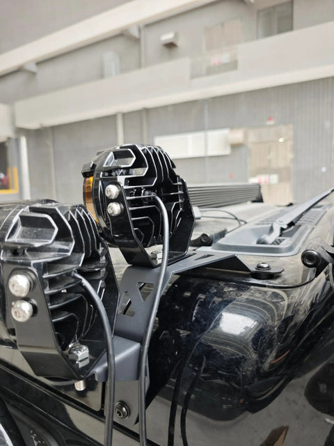 Close-up of dual A pillar LED pods off road mounting brackets set for Wrangler JL and JK no drill easy bolt on brackets pack of 2