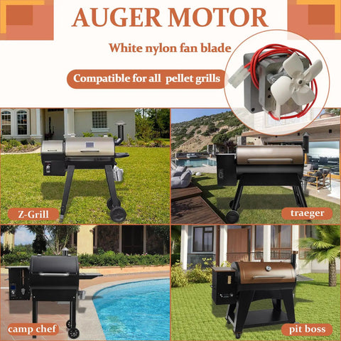 Auger Motor Replacement For Pellet Grills Universal Feeding Gear shown with Z-Grill, Traeger, Camp Chef, Pit Boss on lawns