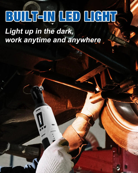 Mechanic using Cordless Three Eighths Inch Ratchet Wrench 12V 40 Ft Lbs High Torque With Dual 2.0Ah Batteries And LED Light